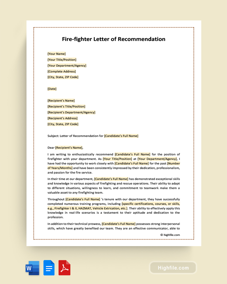 Firefighter Letter of Recommendation - Word | PDF | Google Docs