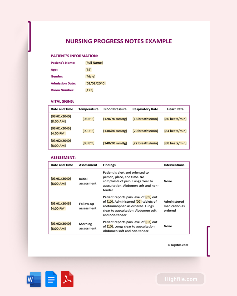 Nursing Progress Notes Example - Word, Google Docs, PDF