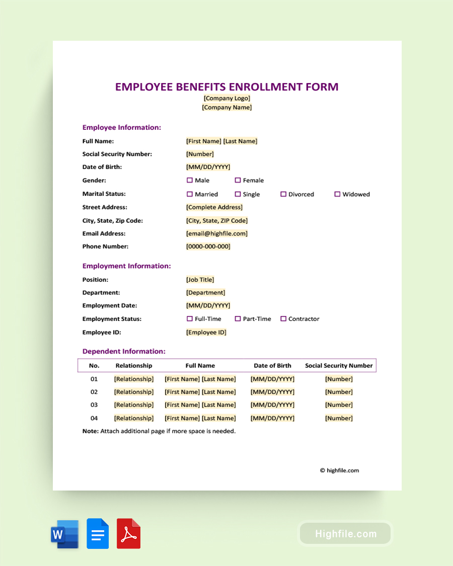 Employee Benefits Enrollment Form Template Word PDF Google Docs