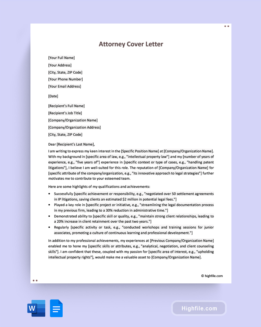 Attorney Cover Letter - Word, Google Docs