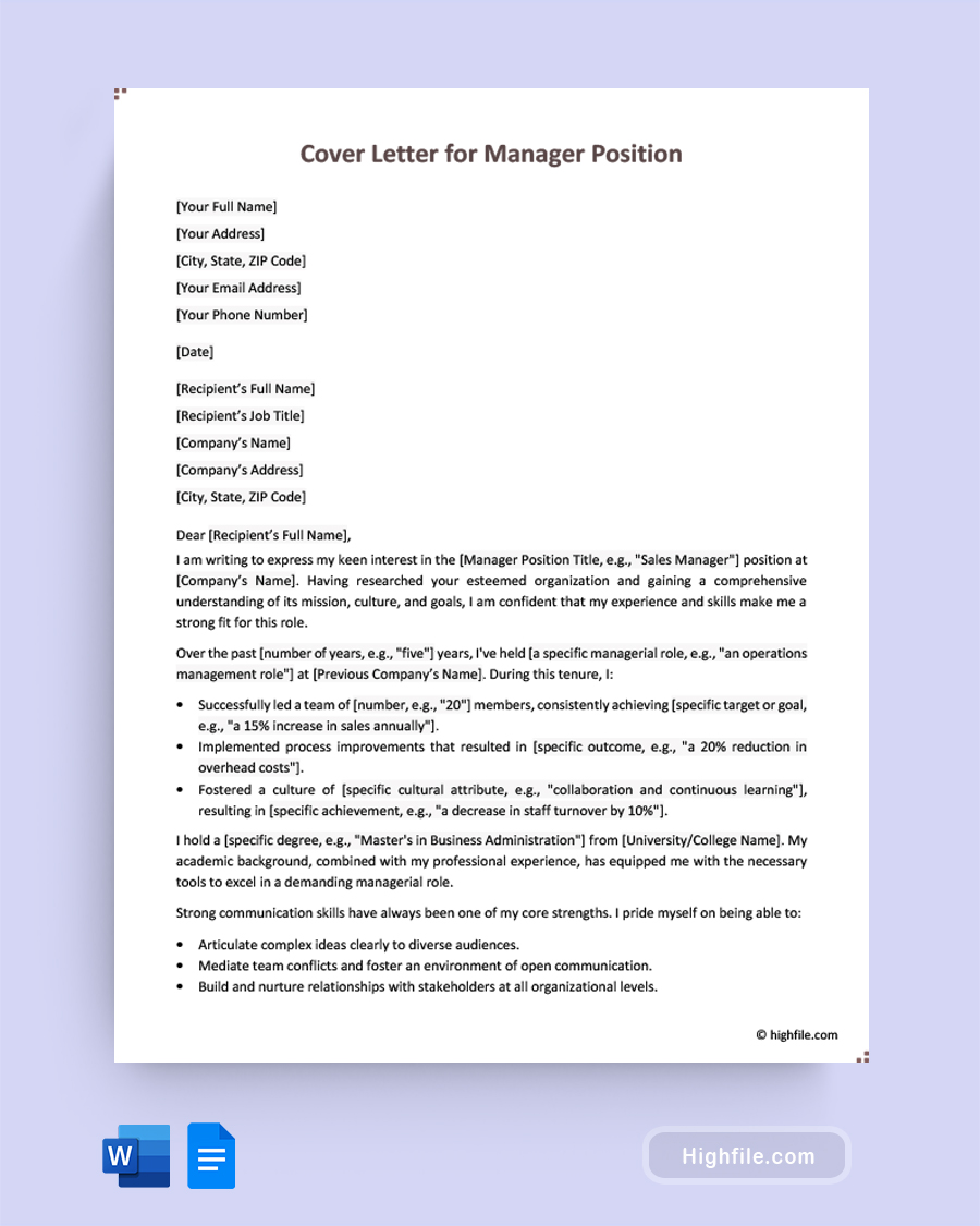Cover Letter For Manager Position Word Google Docs Highfile