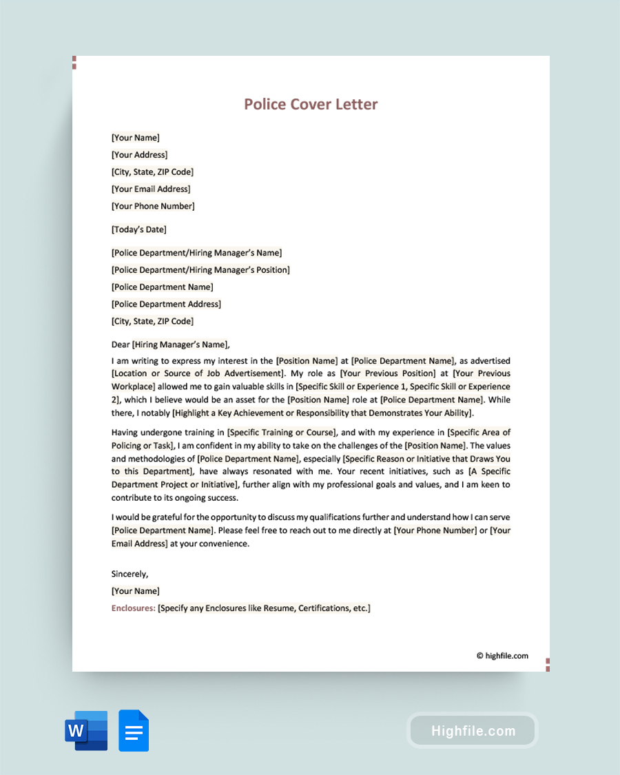 Police Cover Letter - Word, Google Docs