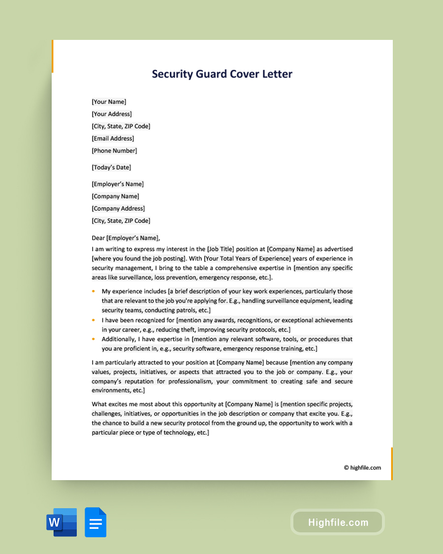 Security Guard Cover Letter - Word, Google Docs