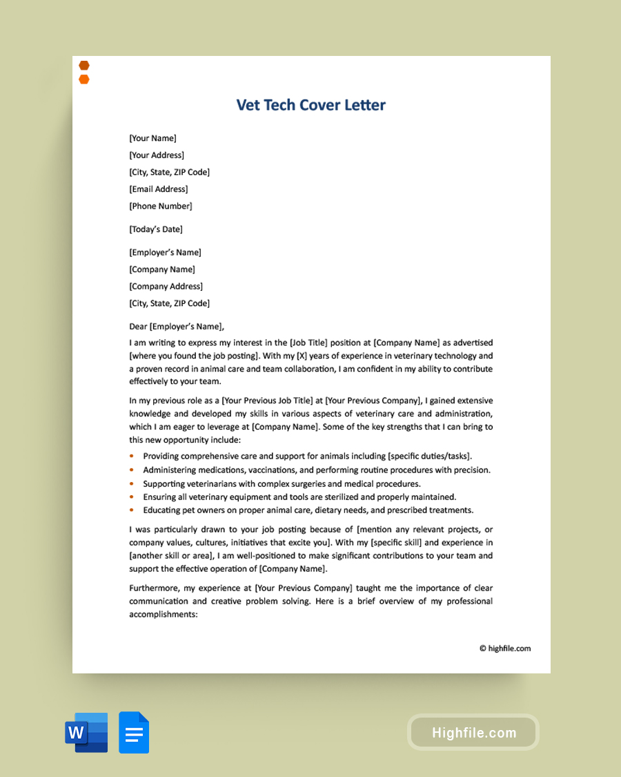 Vet Tech Cover Letter - Word | Google Docs - Highfile