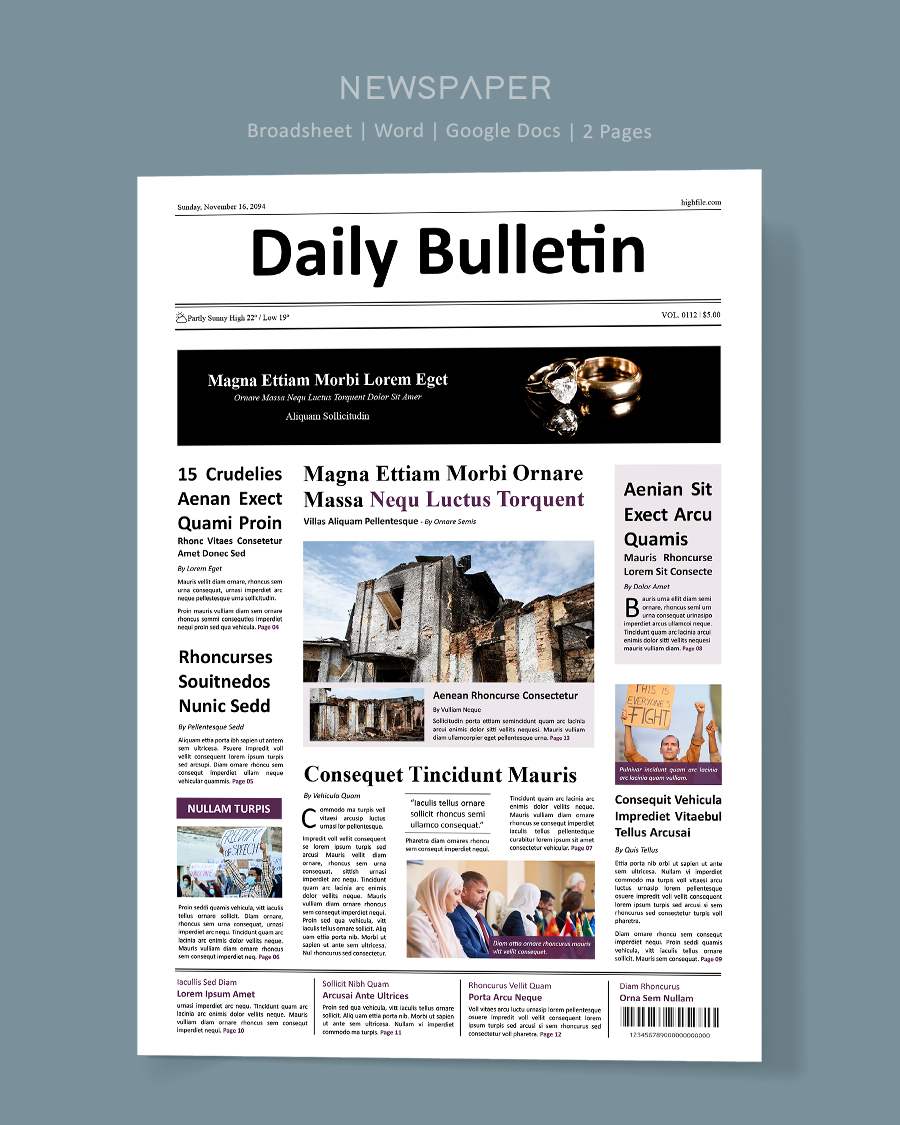 Classic Broadsheet Newspaper Front Page Template - Word and Google Docs
