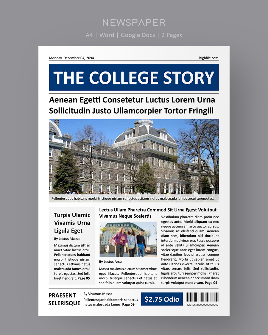 College Newspaper Front Page Template - Word and Google Docs
