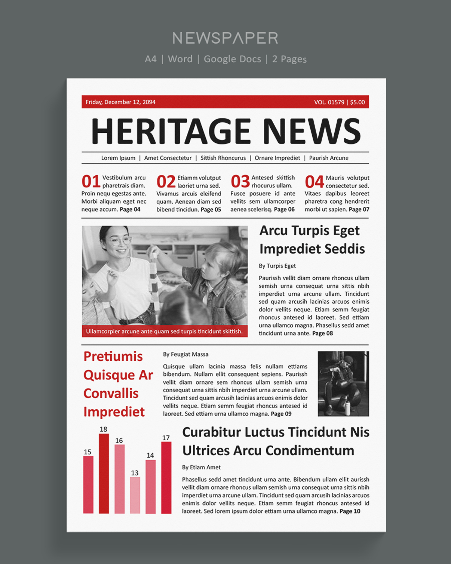 Minimal Red Newspaper Front Page Template - Word, Google Docs