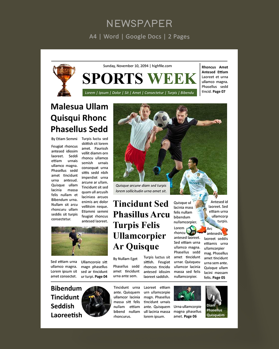 Sport Newspaper Front Page Template - Word, Google Docs