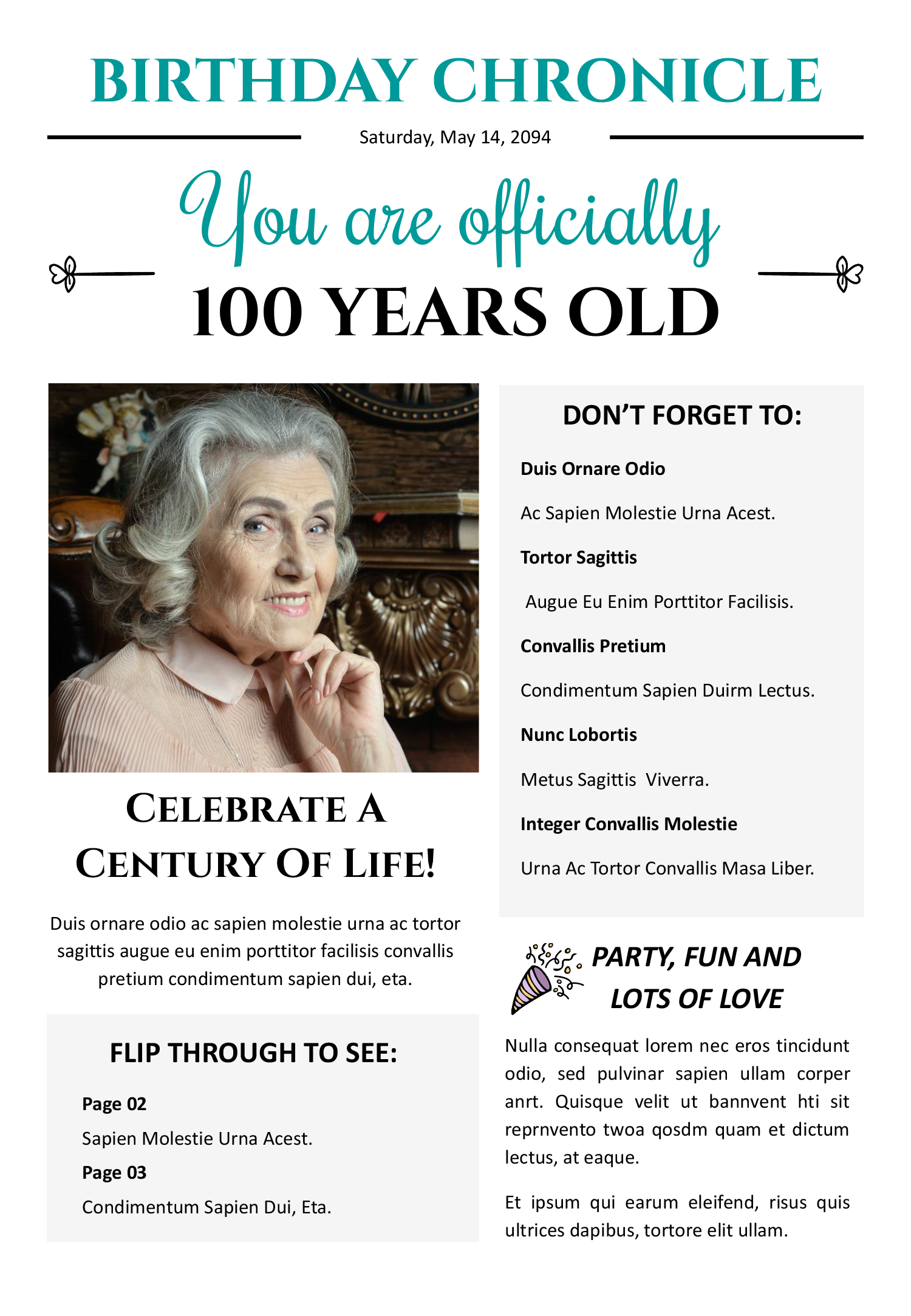 100th Birthday Newspaper Template - Front Page