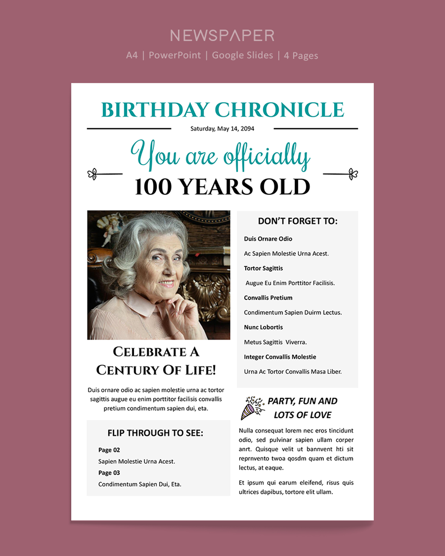 100th Birthday Newspaper Template - PowerPoint, Google Slides