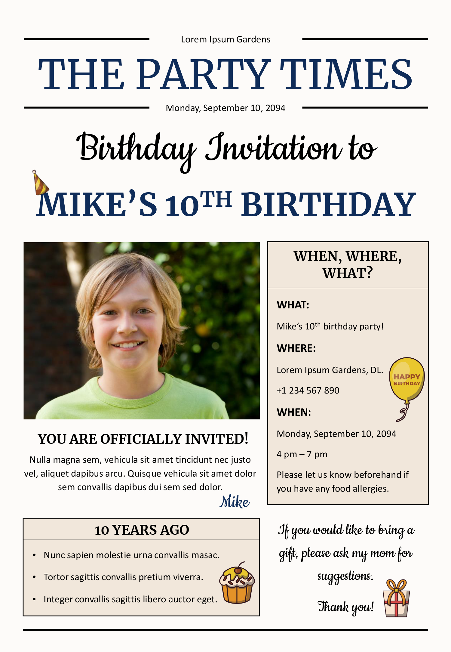 10th Birthday Invitation Newspaper Template - Front Page