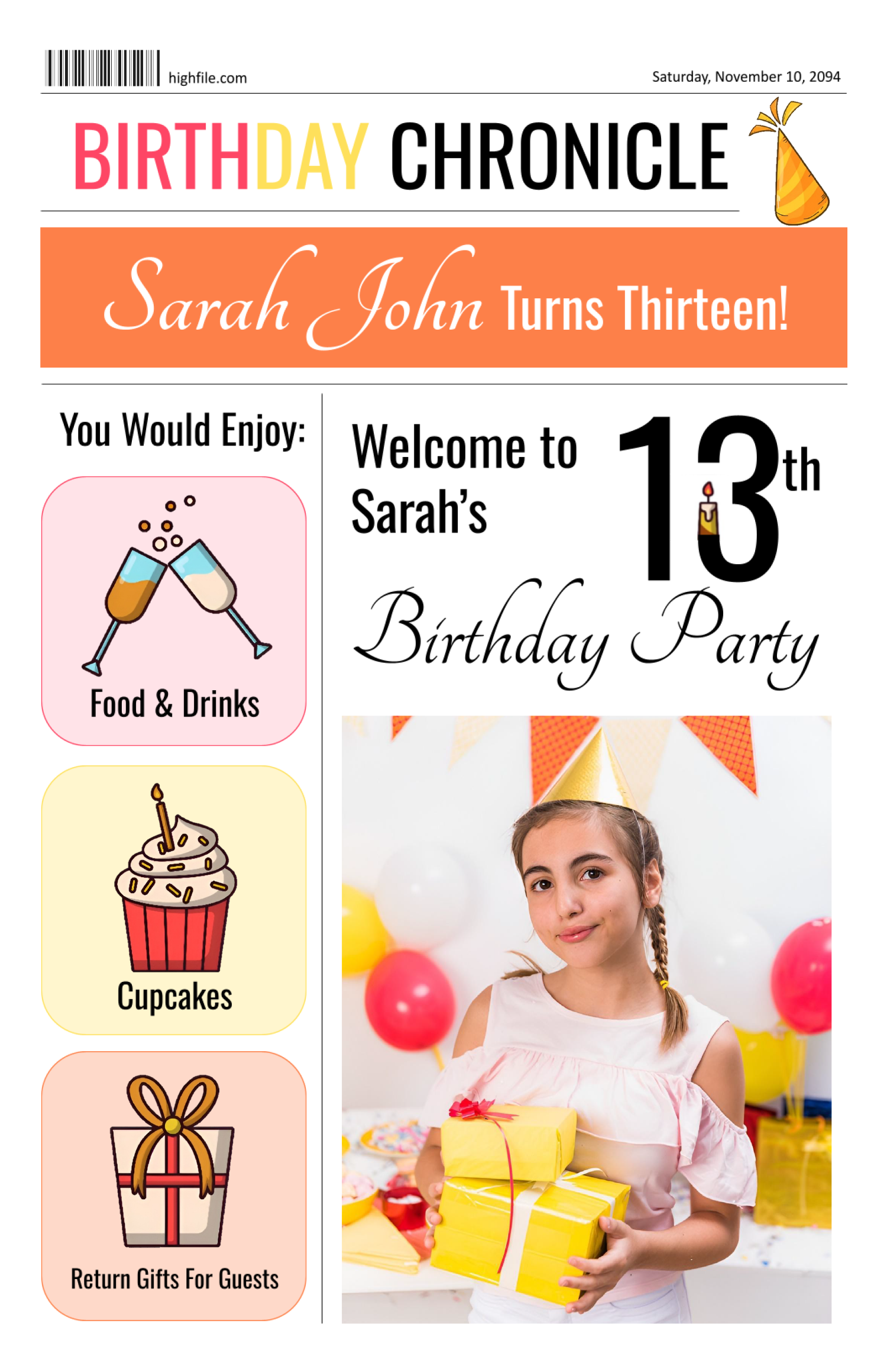 11×17 Tabloid Birthday Newspaper Template - Front Page