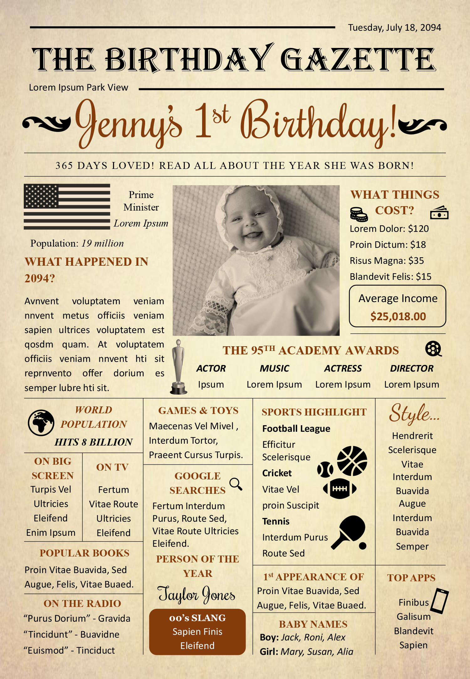 1st Birthday Vintage Style Newspaper Template - Front Page
