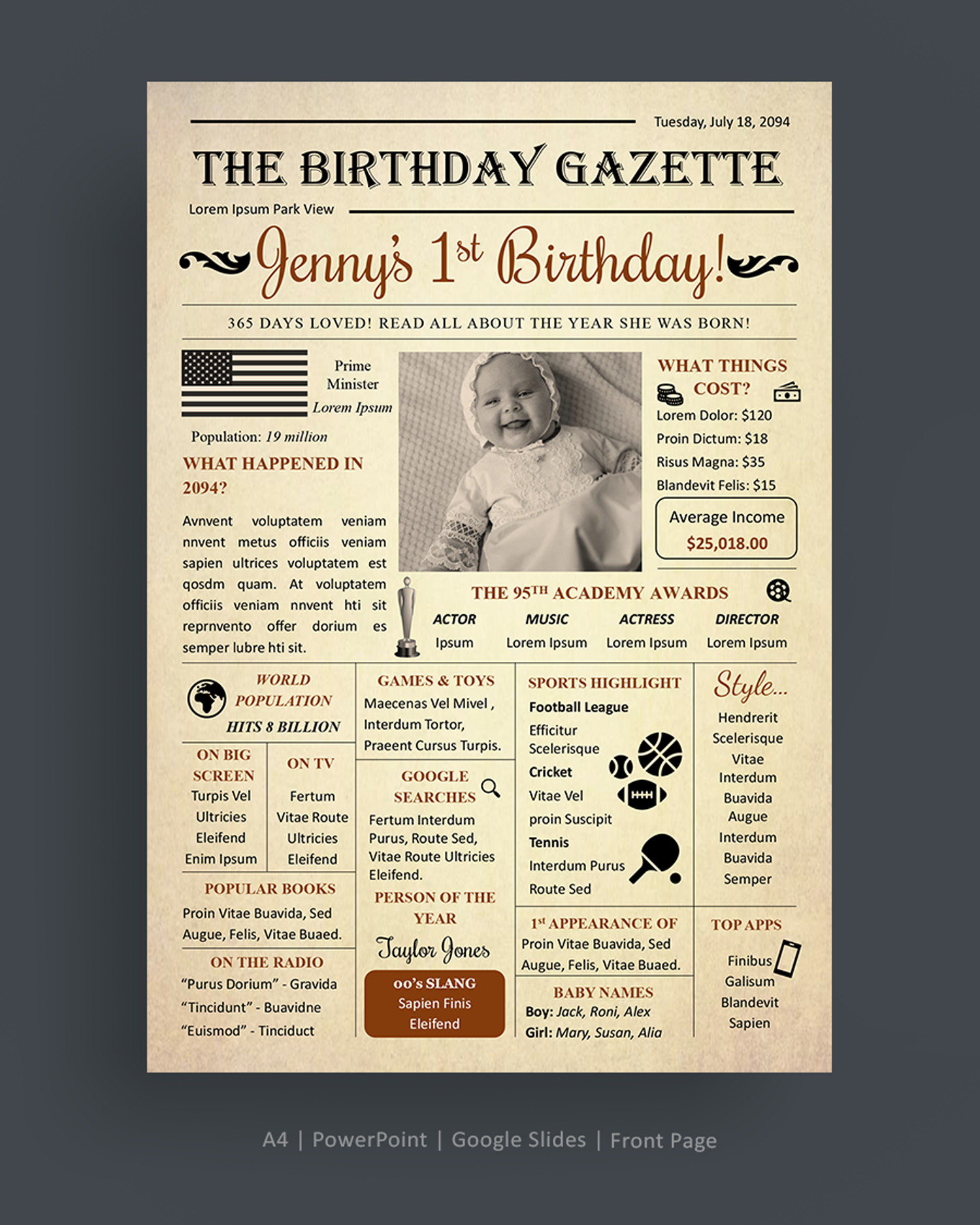 1st Birthday Vintage Style Newspaper Template - PowerPoint, Google Slides