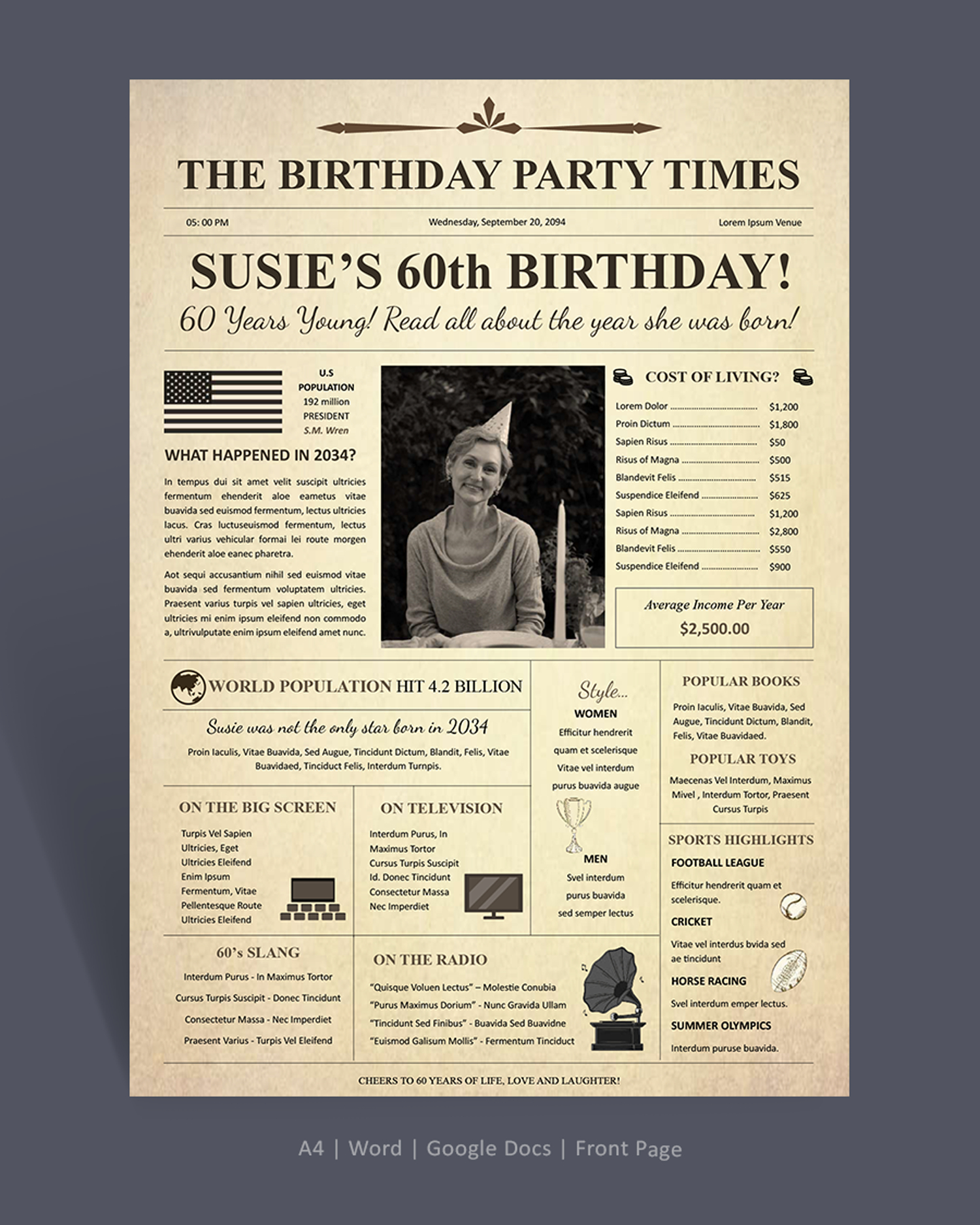60th Birthday Newspaper Template - Word, Google Docs