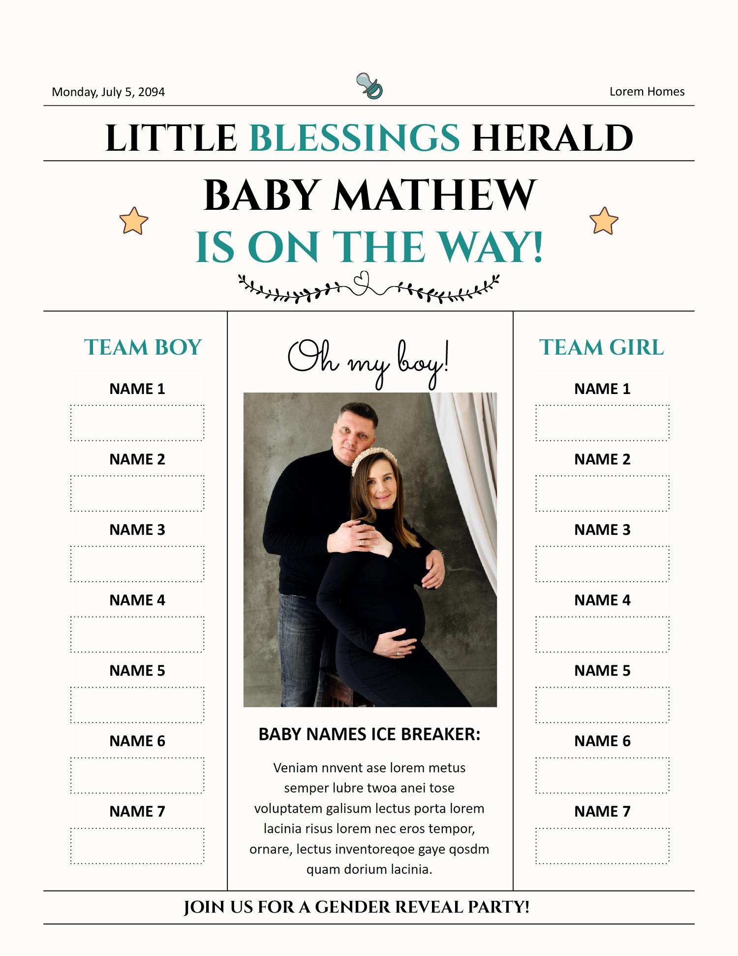 8.5x11 Baby Announcement Newspaper Template - Front Page