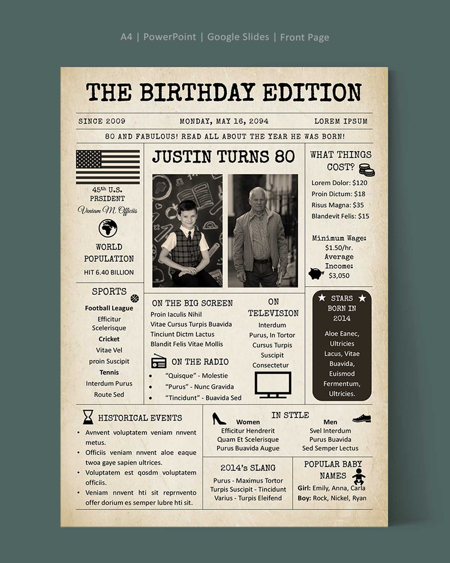 80th Birthday Newspaper Poster Template - PowerPoint, Google Slides