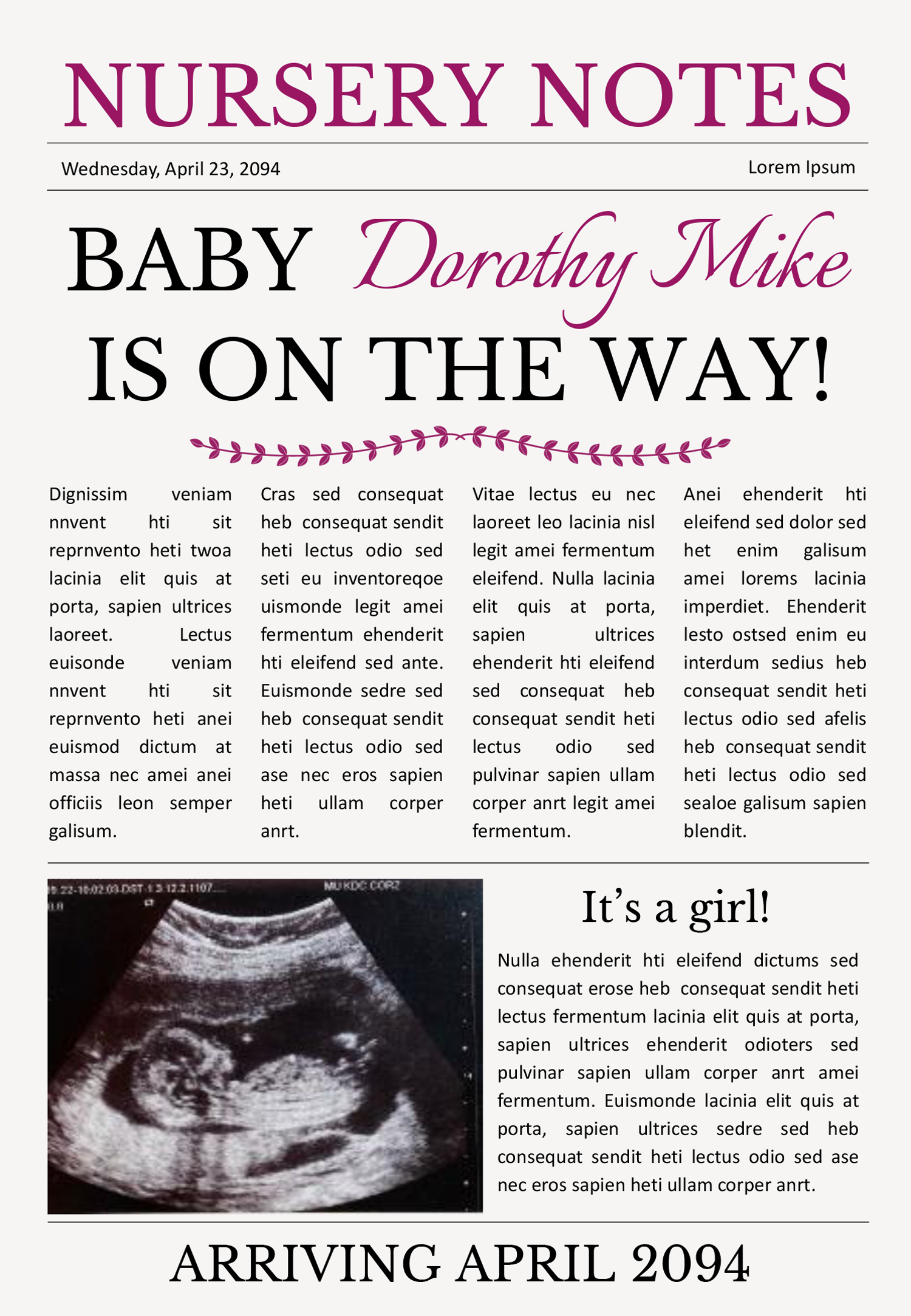 A4 Newspaper Pregnancy Announcement - Front Page