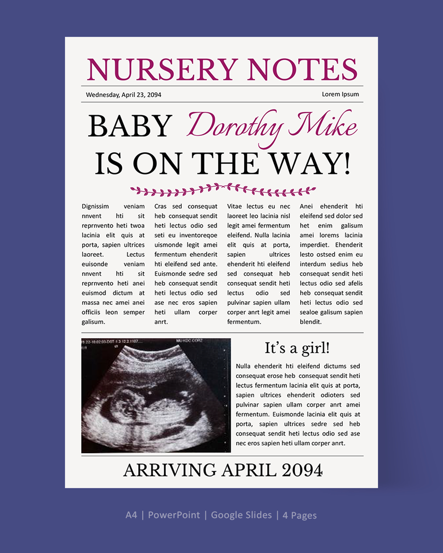A4 Newspaper Pregnancy Announcement - PowerPoint, Google Slides