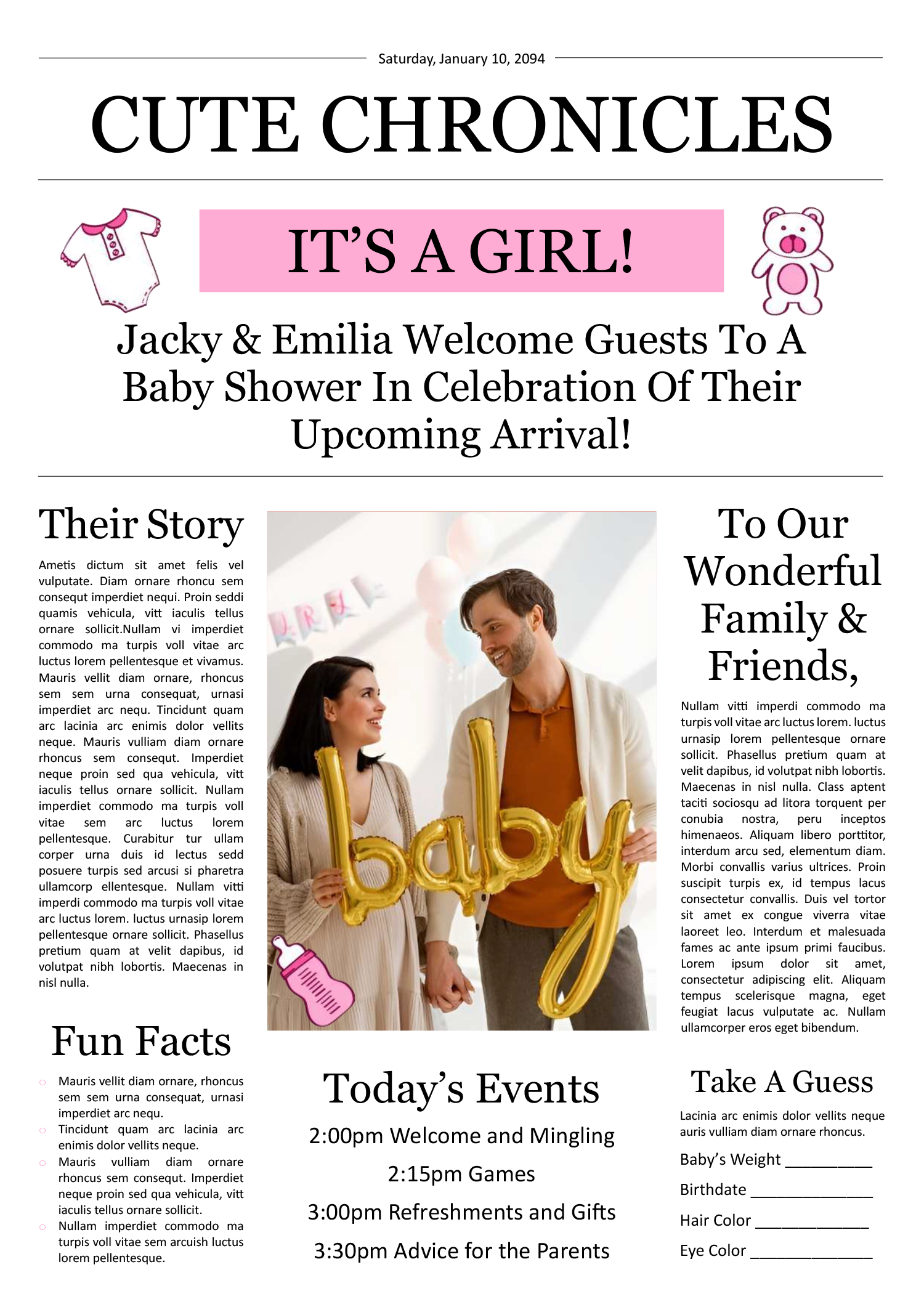 Baby Shower Newspaper Program Template - Front Page