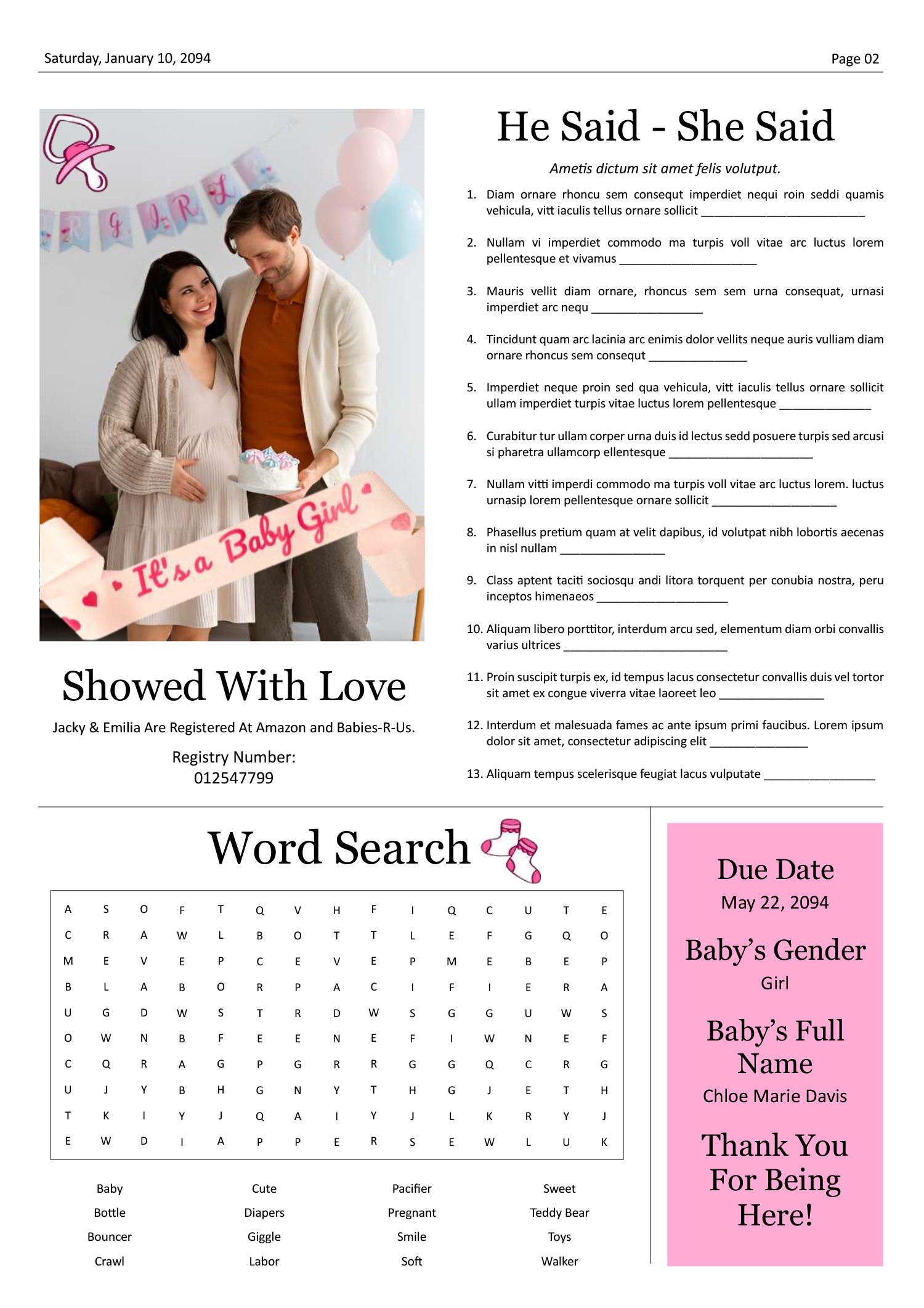 Baby Shower Newspaper Program Template - Page 02