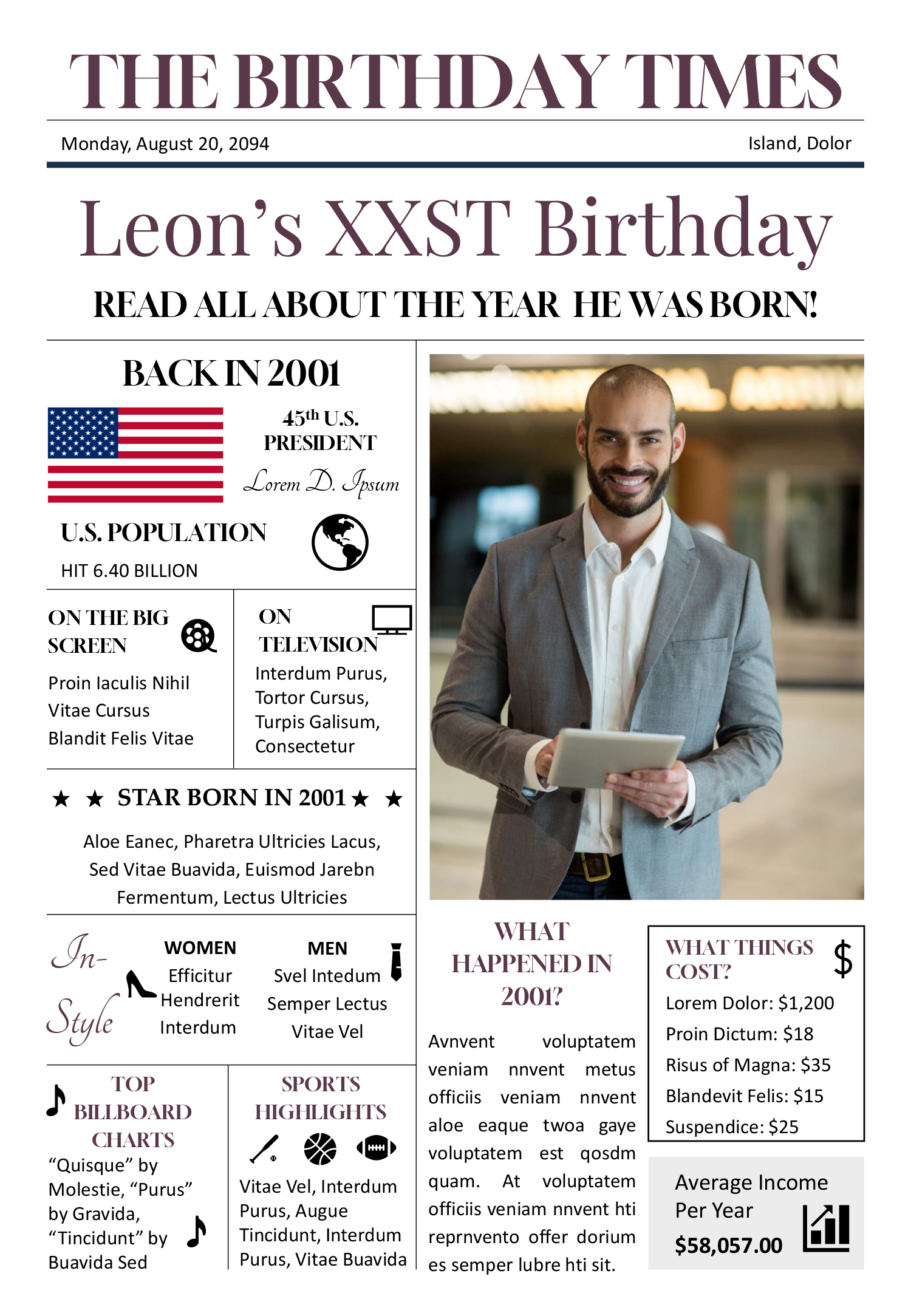 Back in 2001 Birthday Newspaper Template - Front Page