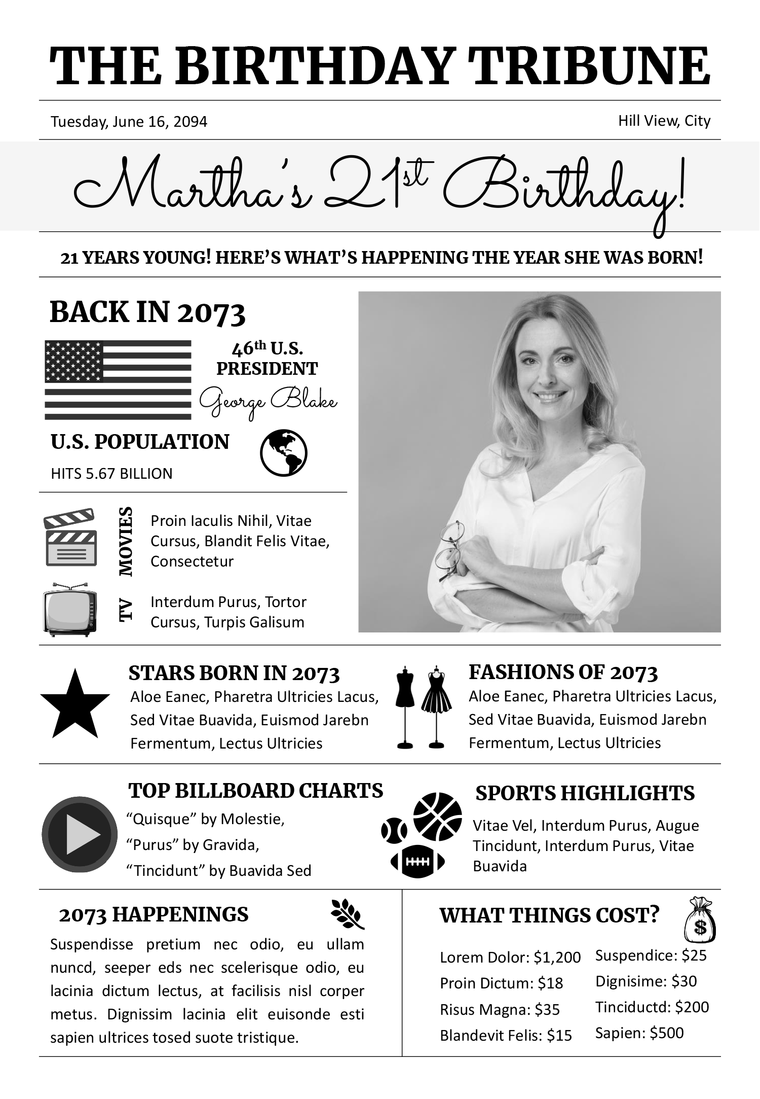 Black and White Birthday Newspaper Poster Template - Front Page
