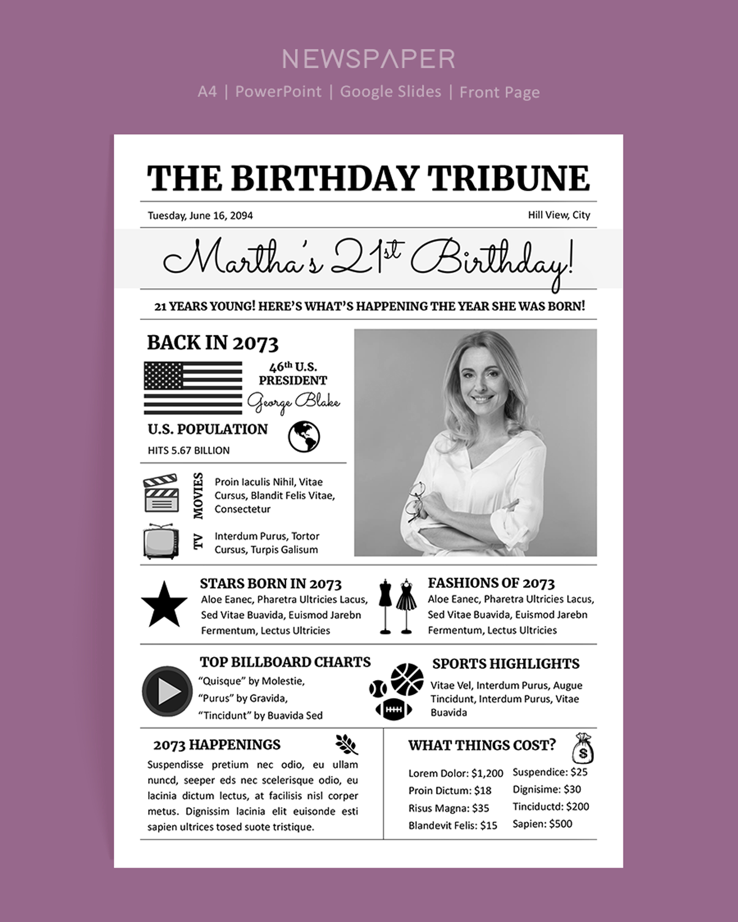Black and White Birthday Newspaper Poster Template - PowerPoint, Google Slides