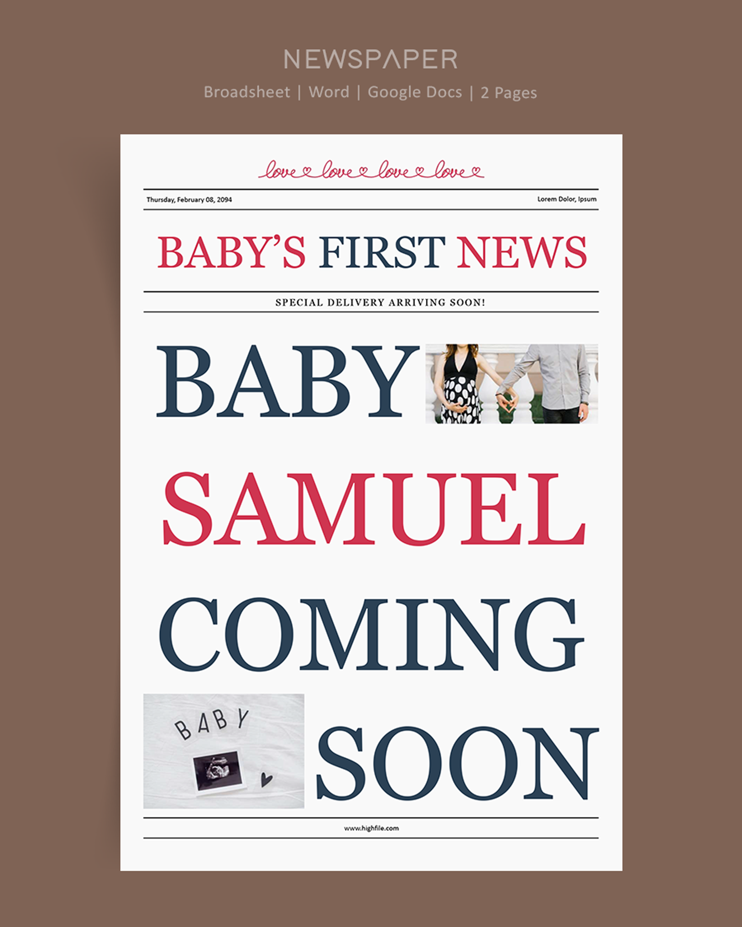 Broadsheet Pregnancy Announcement Newspaper - Word, Google Docs