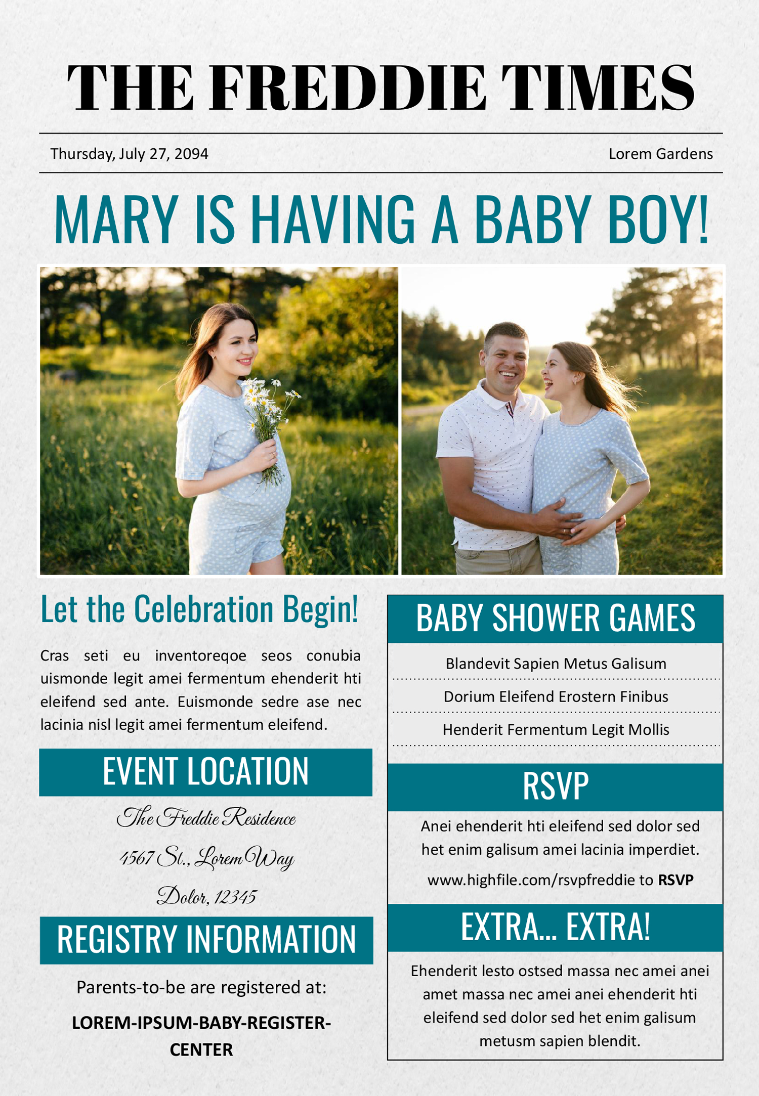 Classic Baby Shower Invitation Newspaper Template - Front Page