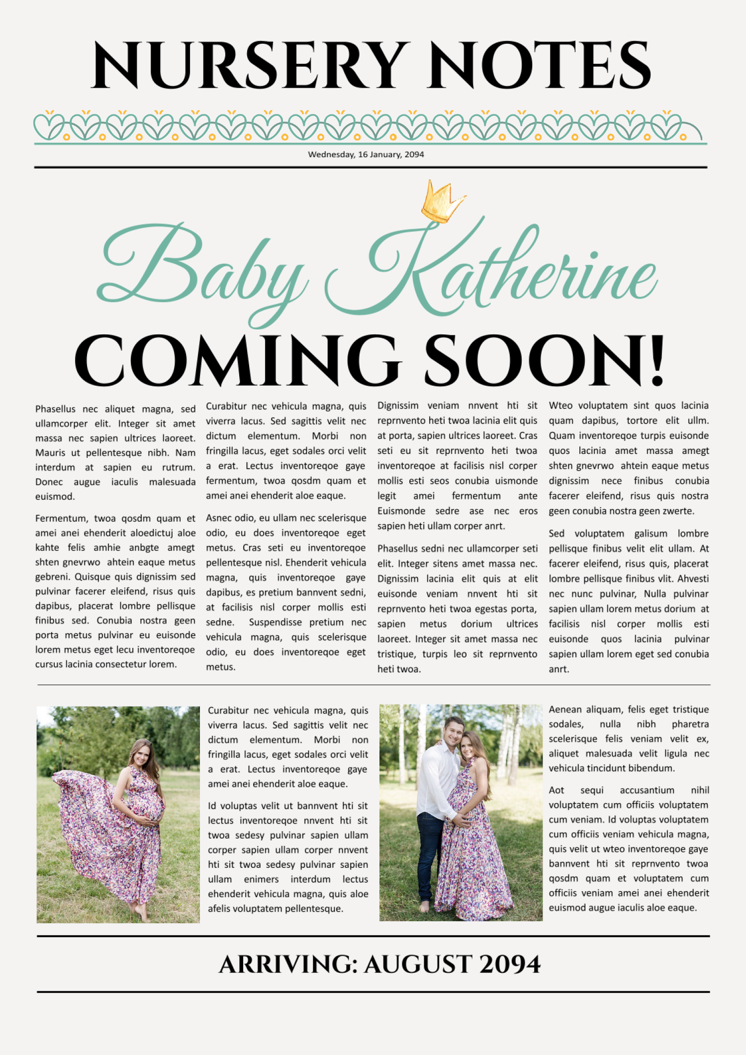 Classic Pregnancy Announcement Newspaper Template - Front Page