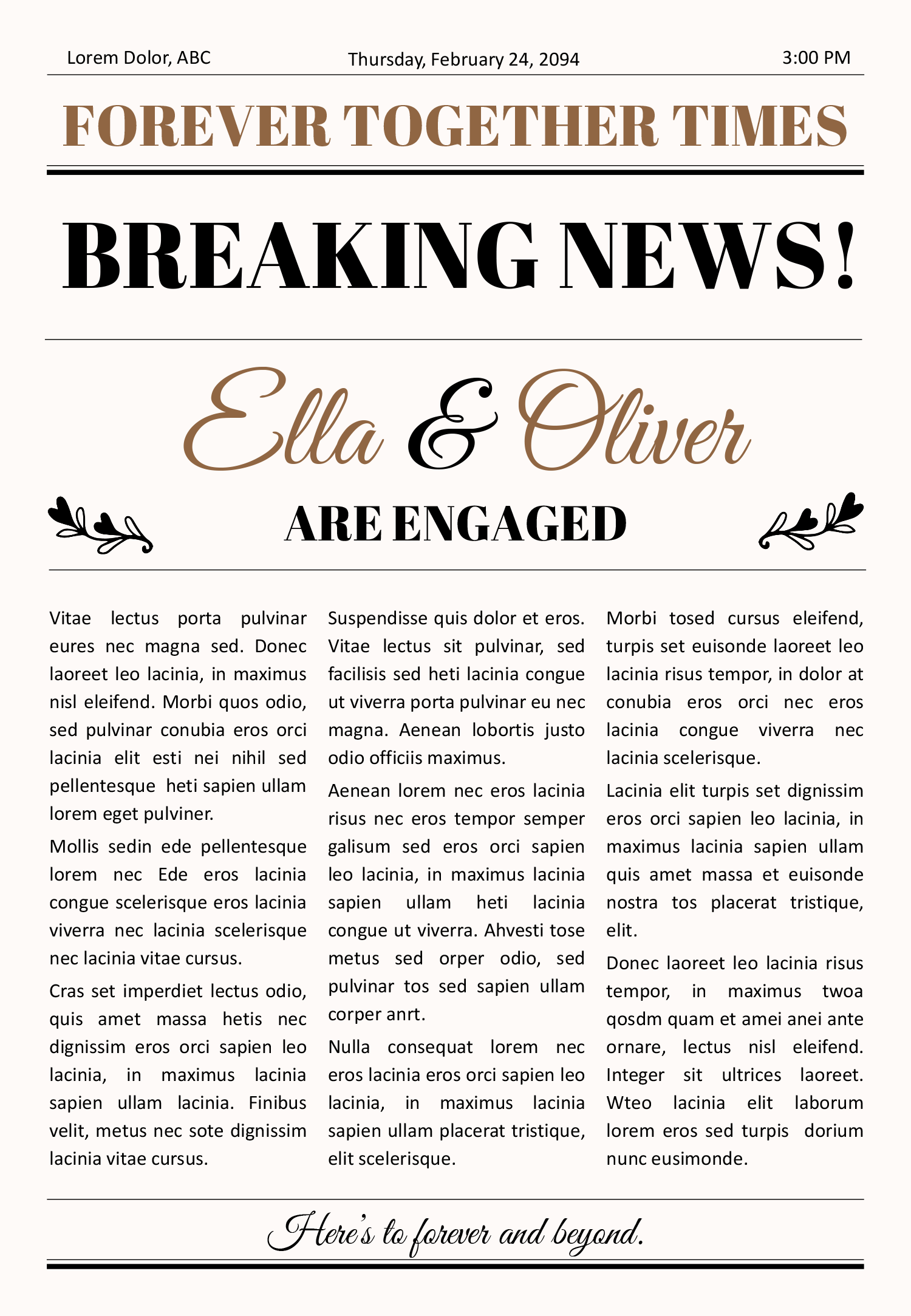 Detailed Engagement Newspaper Template - Front Page