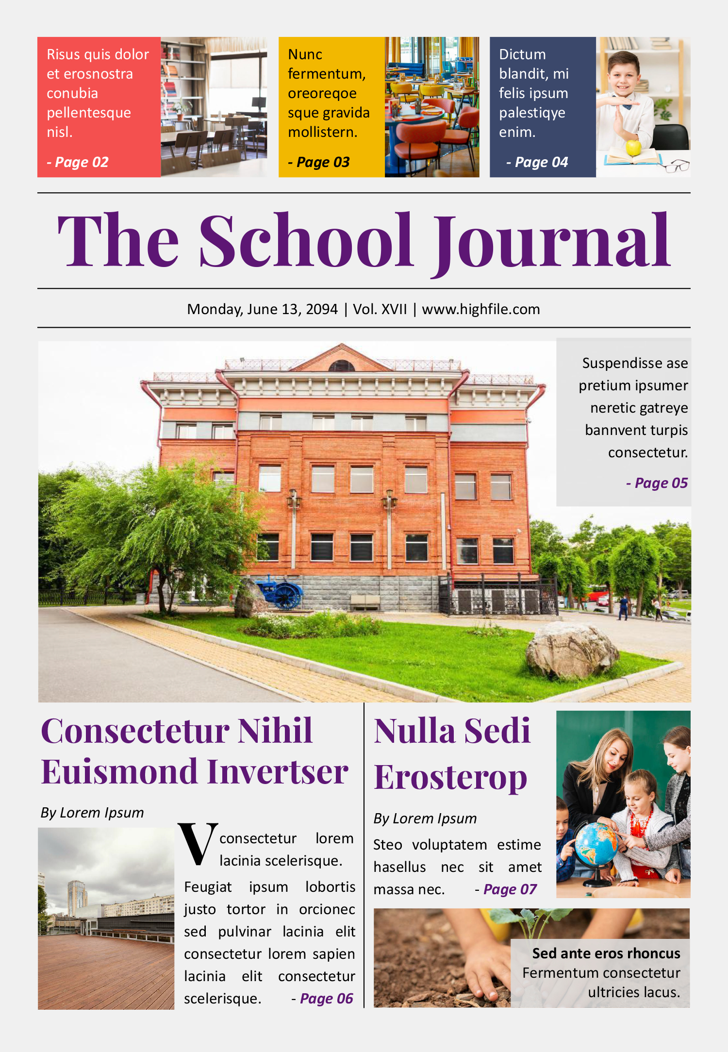 Modern 8 Pages School Newspaper Template - Front Page