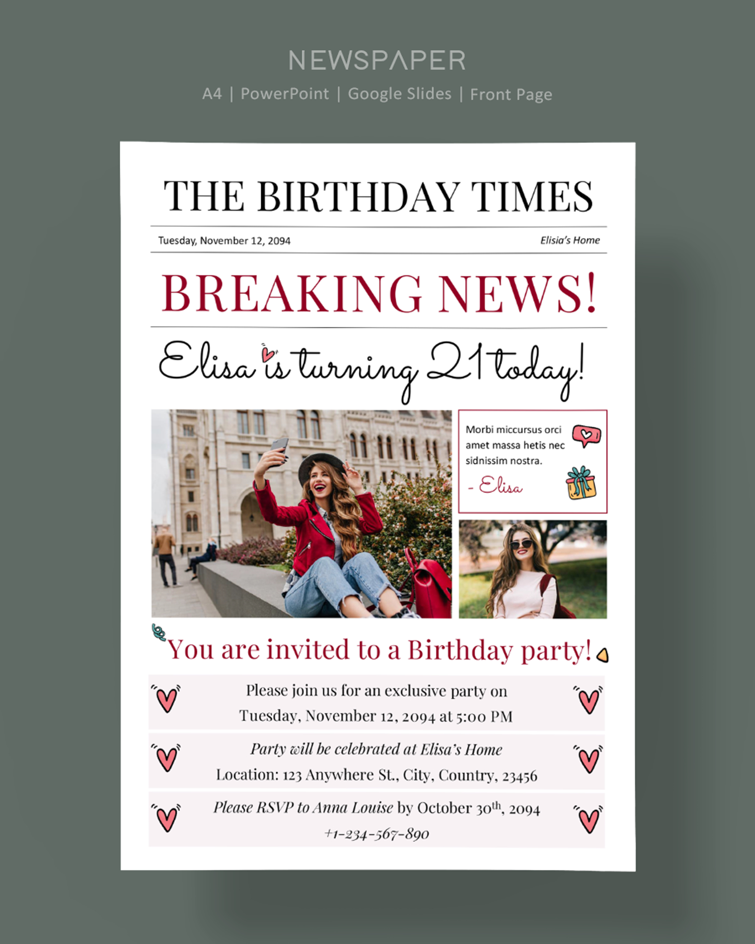 Newspaper Birthday Invitation Card Template - PowerPoint, Google Slides