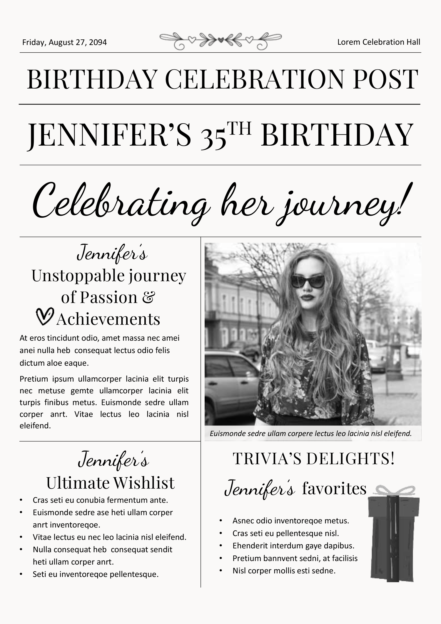 Black and White Birthday Newspaper Template - Front Page