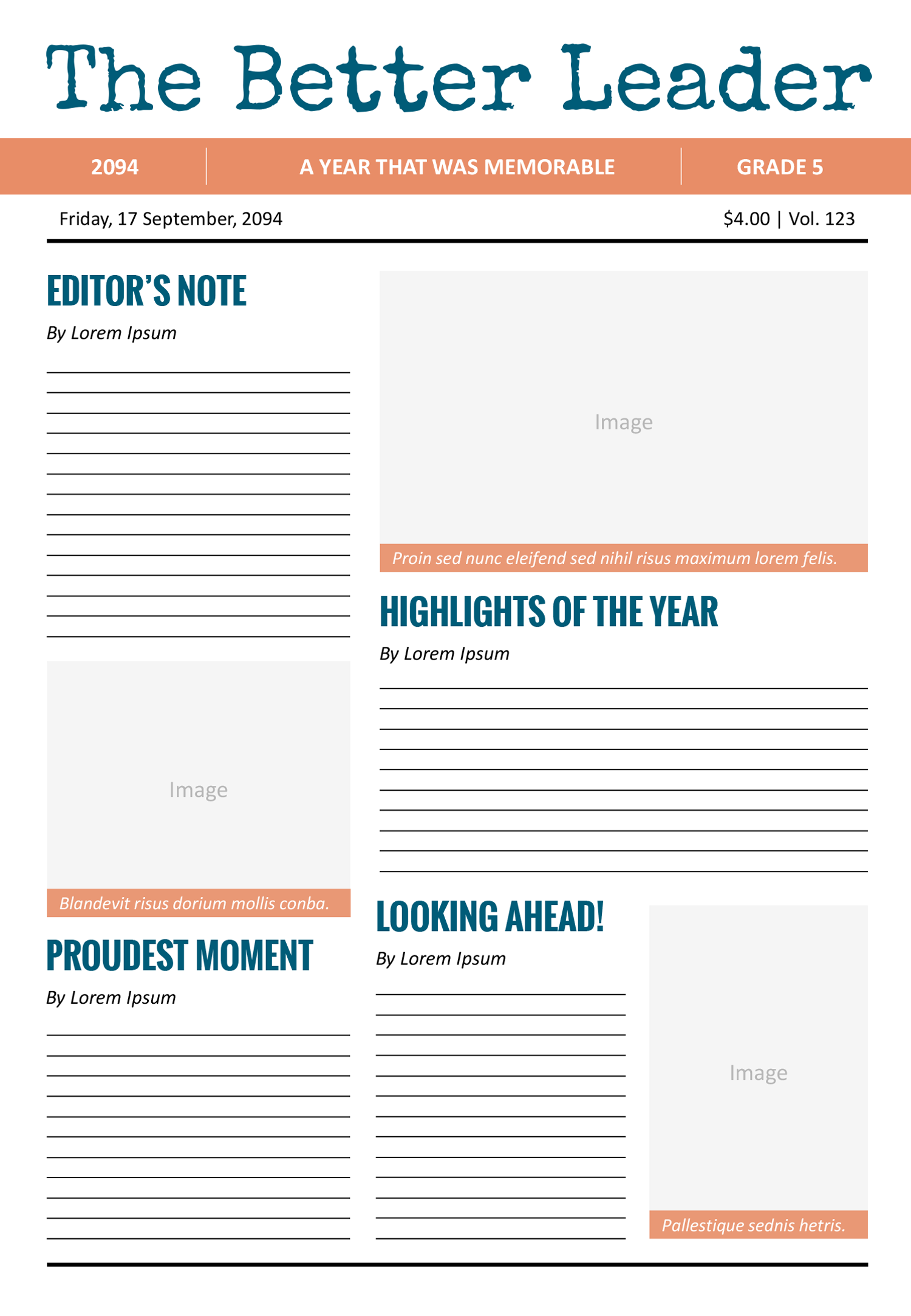 Blank Yearly News School Newspaper Template - Front Page