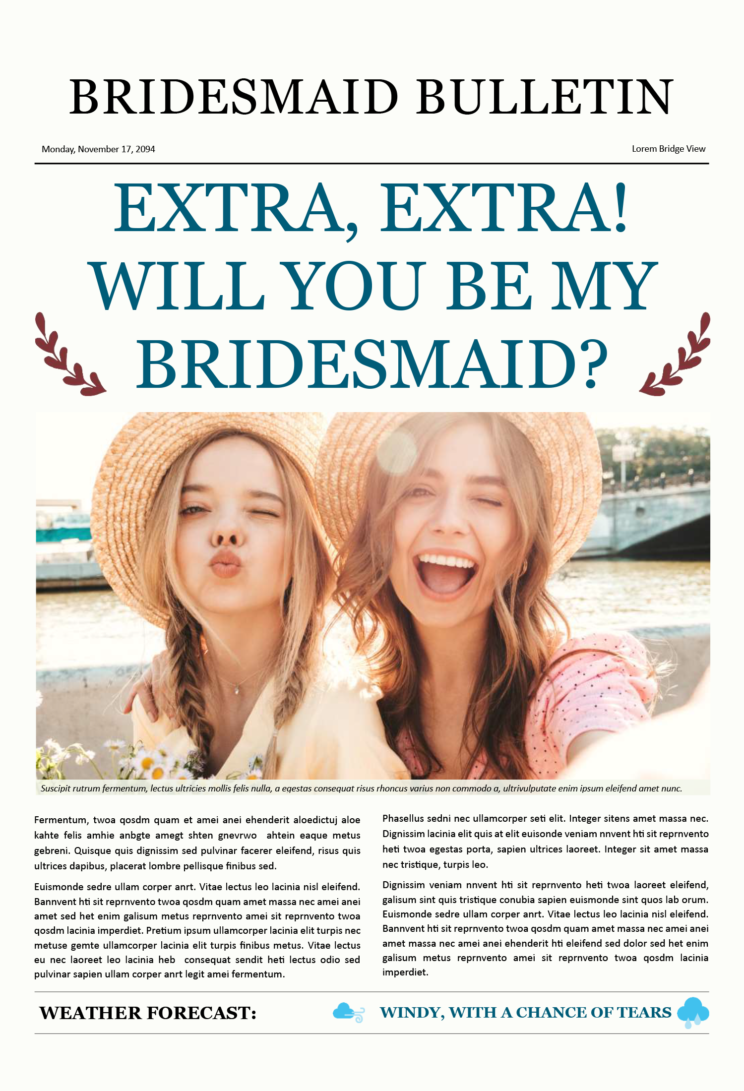 Bridesmaid Bulletin Proposal Newspaper Template - Front Page