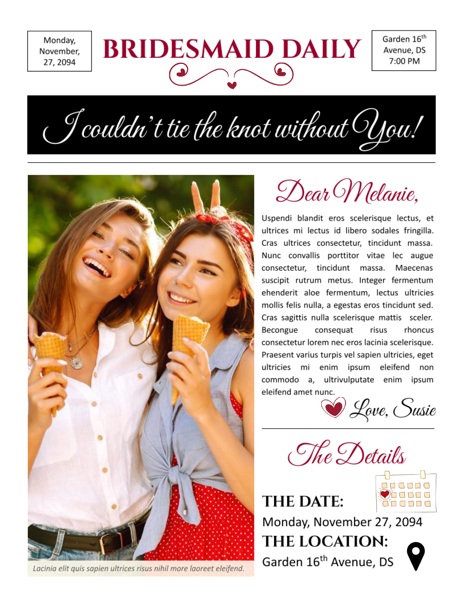 Maid of Honor Proposal Newspaper Template - Front Page