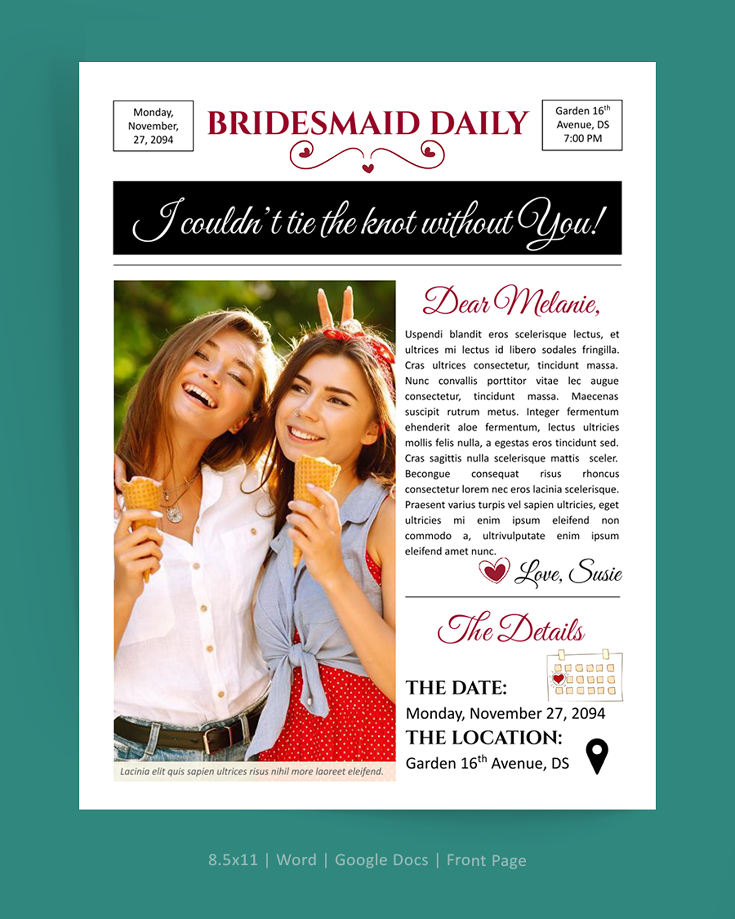 Maid of Honor Proposal Newspaper Template - Word, Google Docs