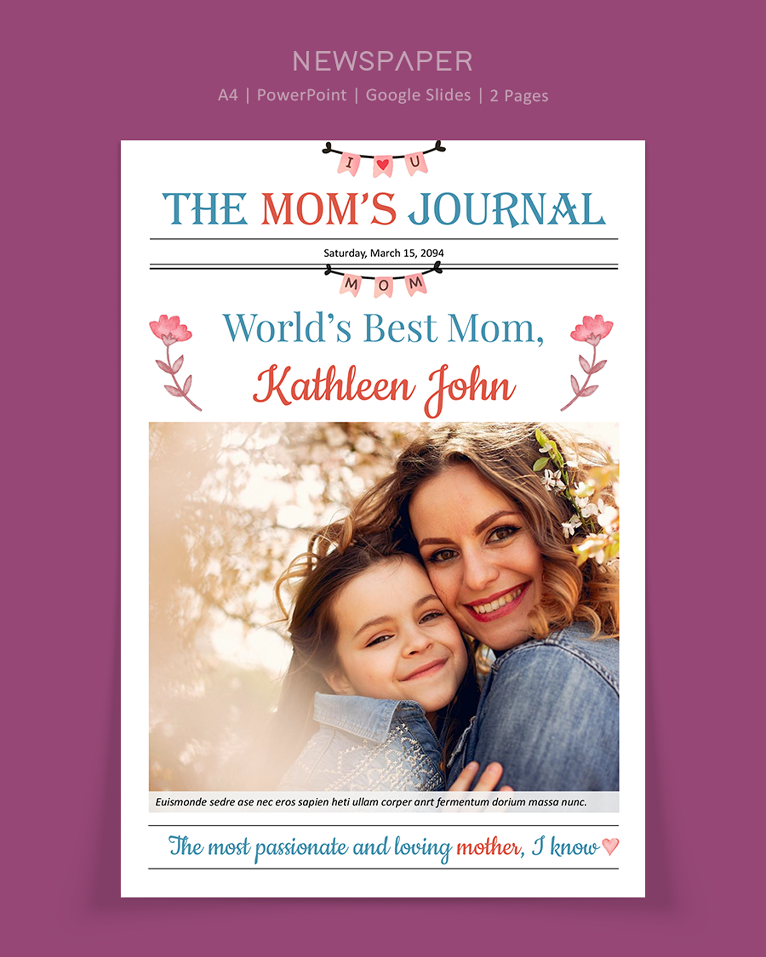 Mother's Day Celebration Newspaper Template - PowerPoint, Google Slides