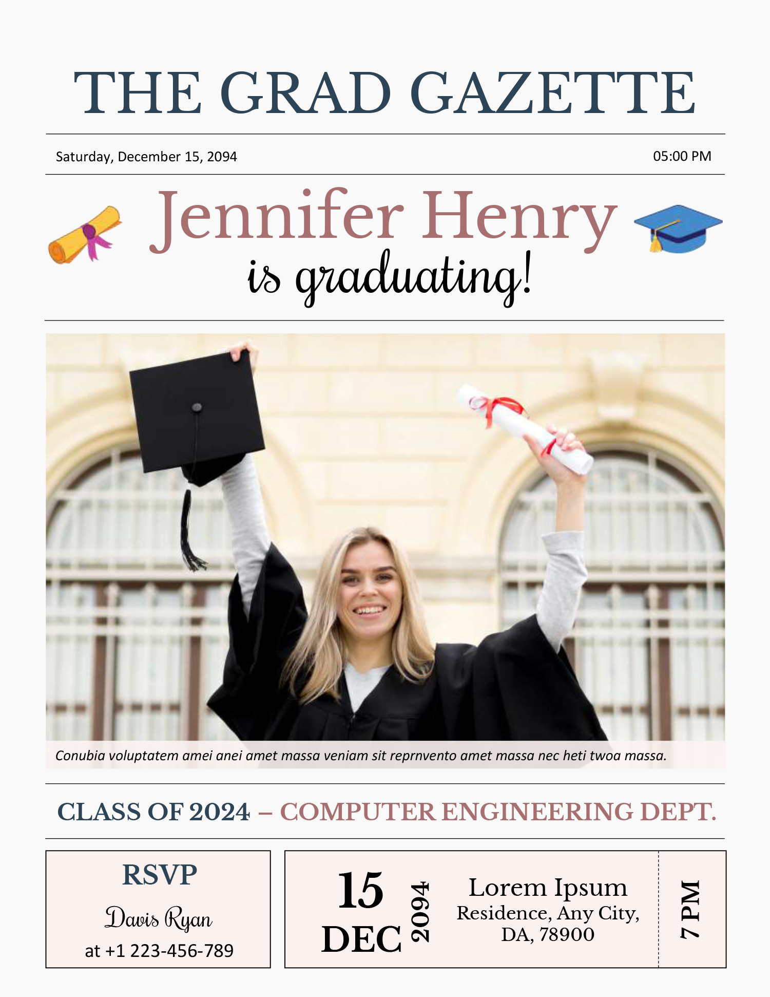 Old Style Graduation Announcement Newspaper Template - Front Page