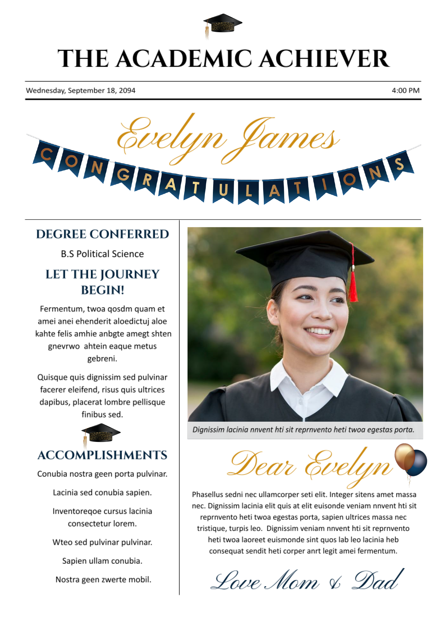 One Pager Graduation Announcement Newspaper Template - Front Page