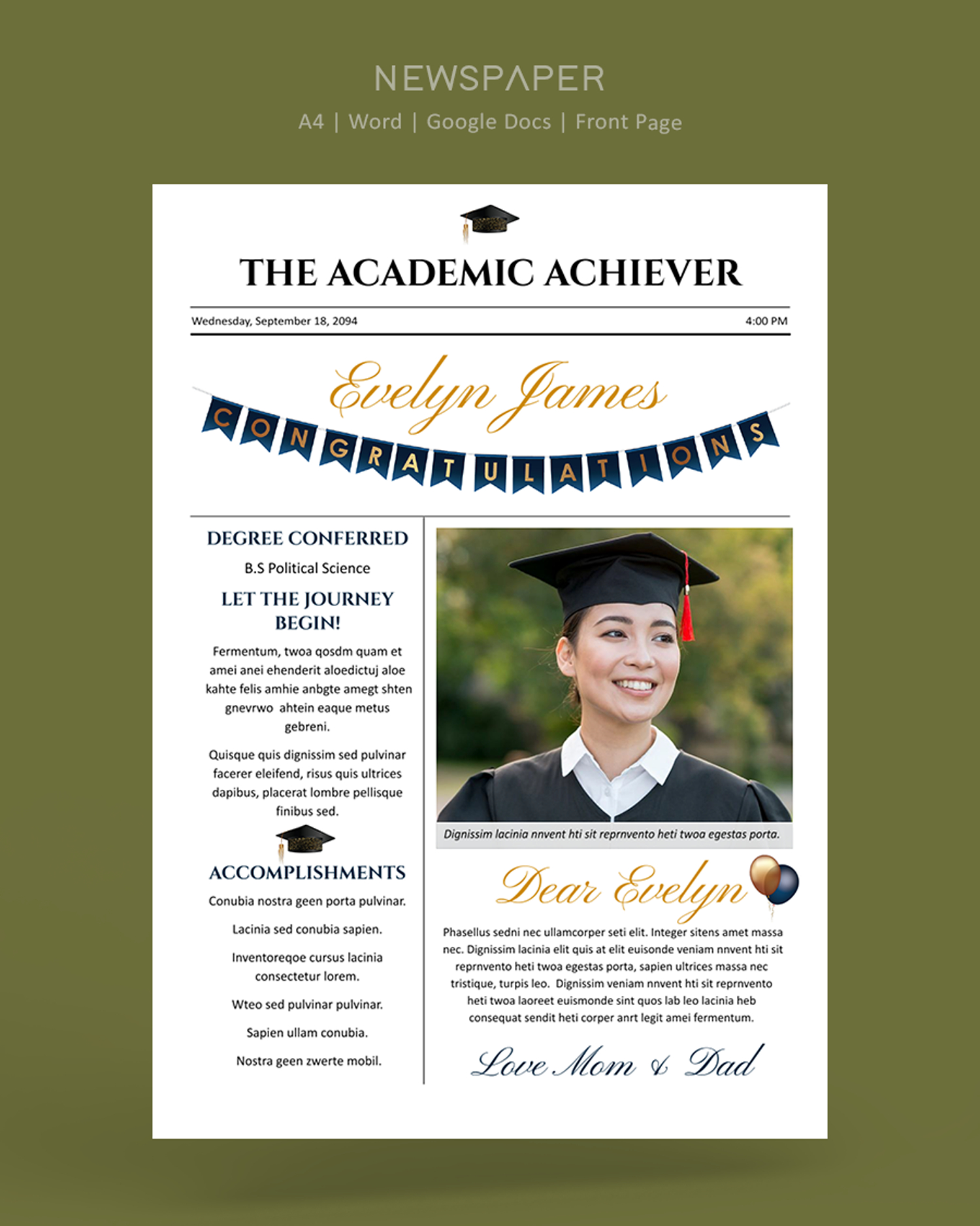 One Pager Graduation Announcement Newspaper Template - Word, Google Docs