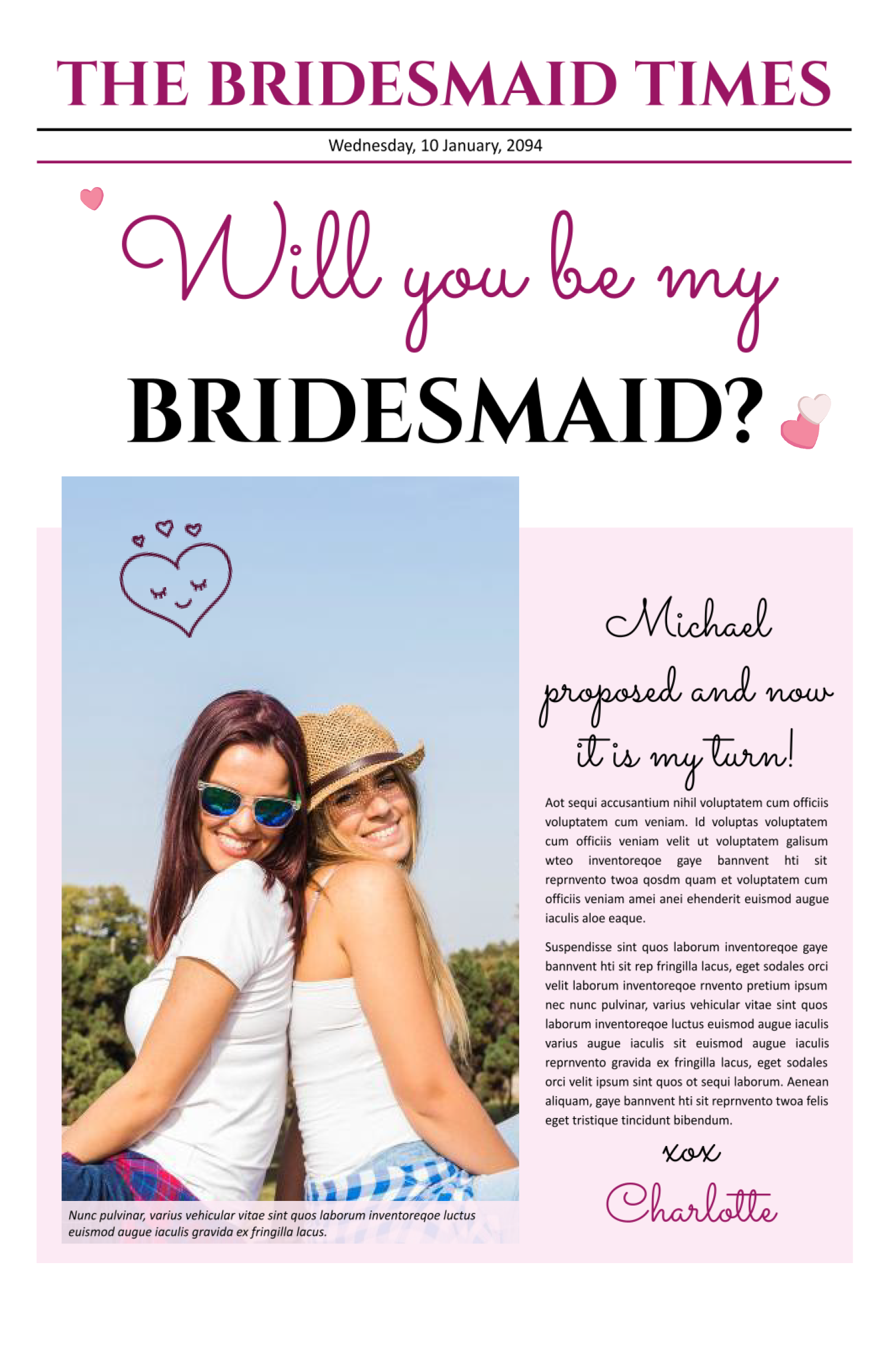 Pink Themed Bridesmaid Newspaper Template - Front Page