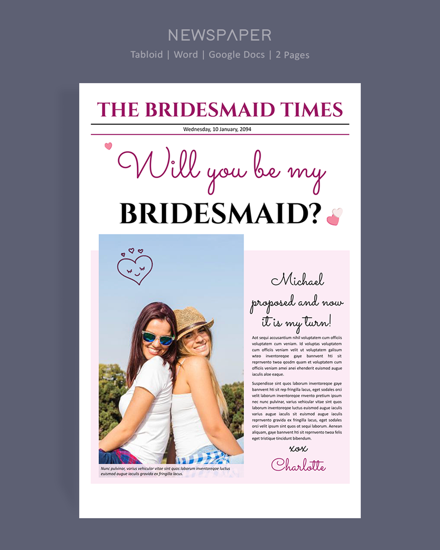 Pink Themed Bridesmaid Newspaper Template - Word, Google Docs
