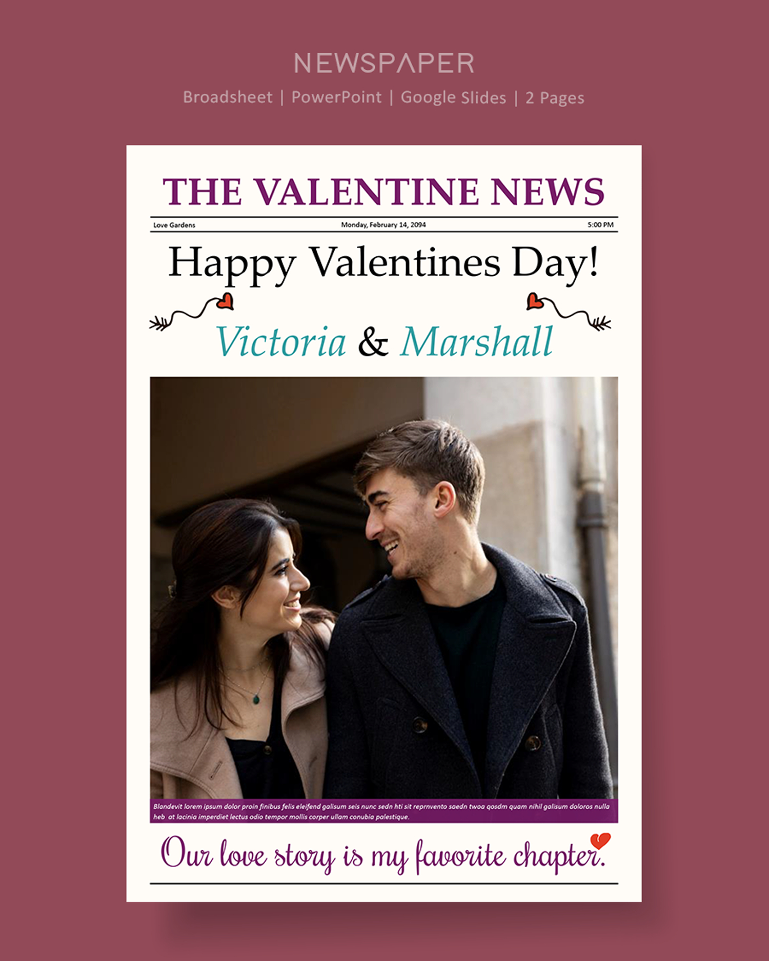 Valentine Day Celebration Newspaper Template - PowerPoint, Google Slides
